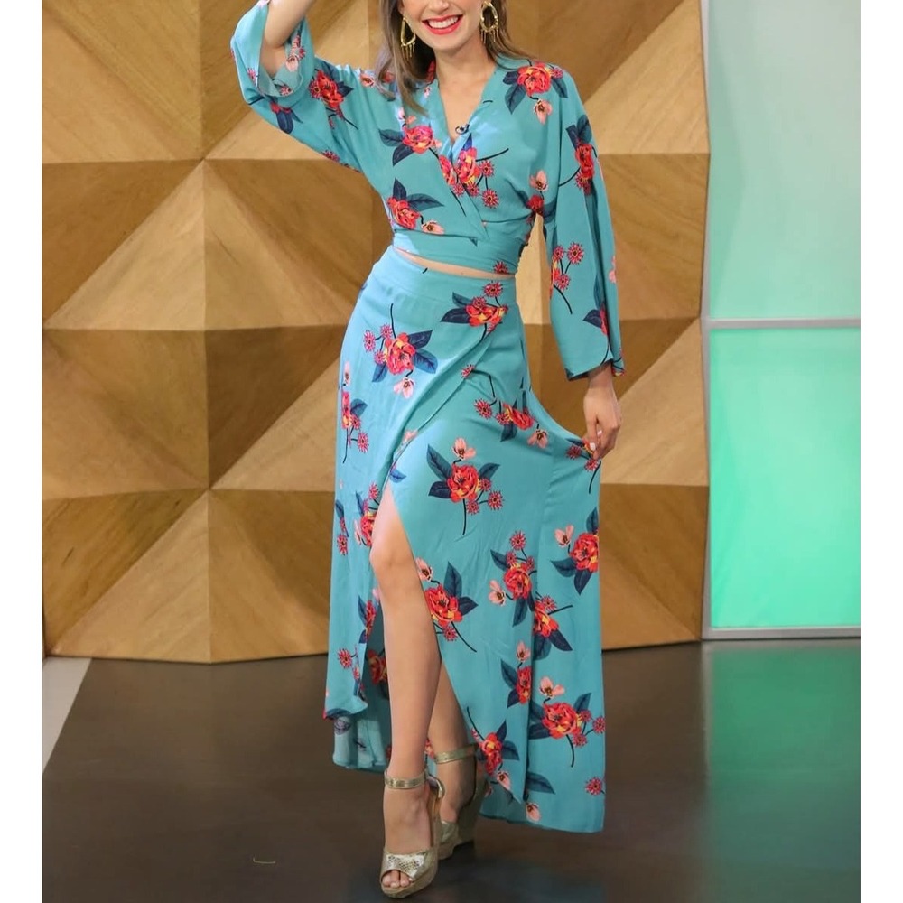 Tropical Floral Two Piece Set Teal Blue Wrap Crop Top & Maxi Skirt Women Small
